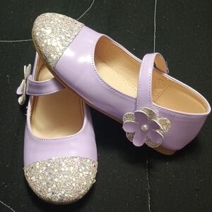 Lilac Glitter Kids Dress Shoes with Flower Detail
